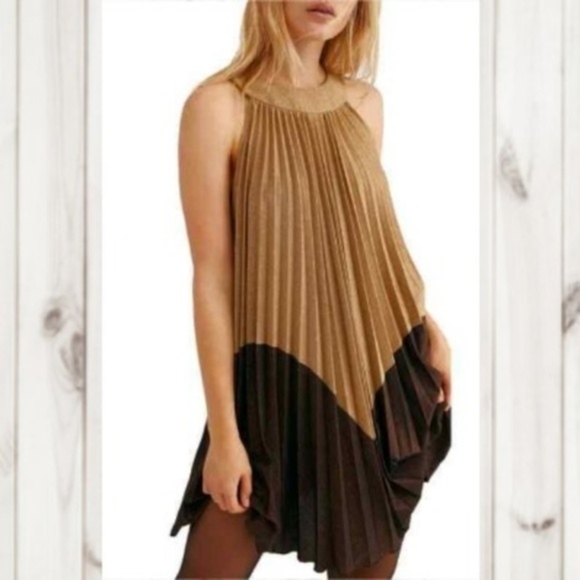 Free People Pleated Love Gold Metallic Mini Dress - Picture 2 of 3